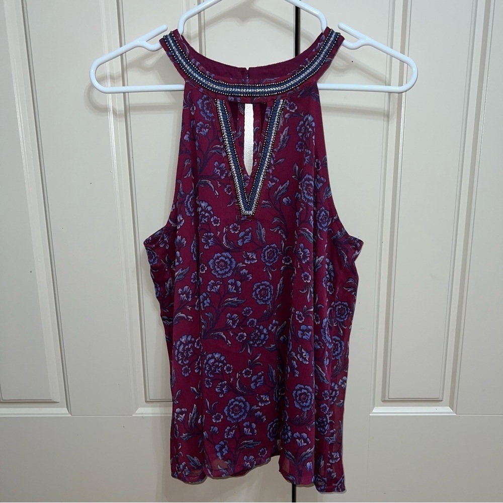 Hollister Burgundy Halter Beaded Neckline Floral Tank Blouse Size Small